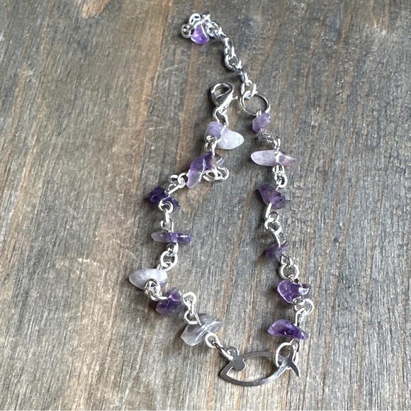 amethyst white gold heart rosary link dainty chain bracelet adjustable - Picture 5 of 11